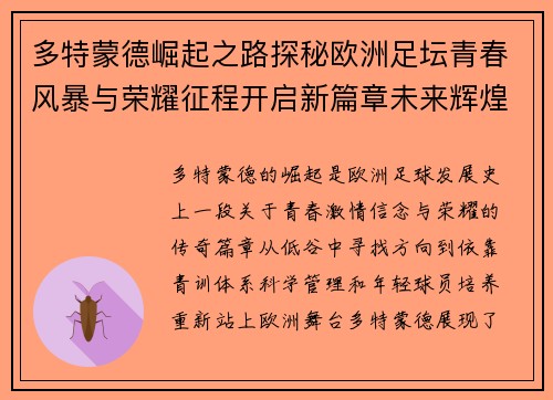 多特蒙德崛起之路探秘欧洲足坛青春风暴与荣耀征程开启新篇章未来辉煌
